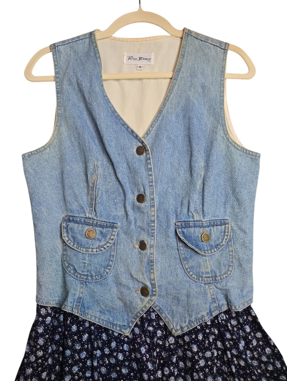 Vintage 90s Paris Blues Denim Vest Floral Maxi Dress Size 9 Cottagecore Grunge - Picture 4 of 13